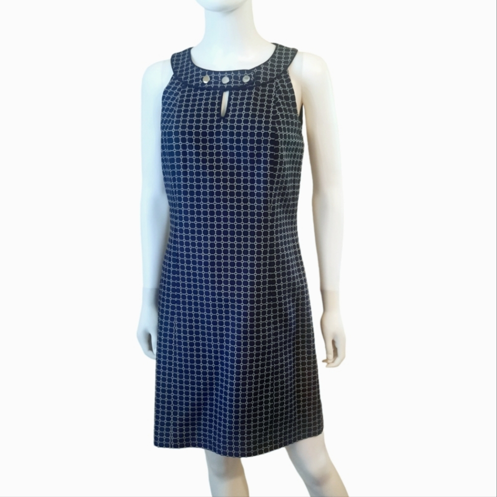 ANN TAYLOR Silk Cotton Sleeveless Keyhole Jacquard Dress Sz 4 Blk/Wht Circles